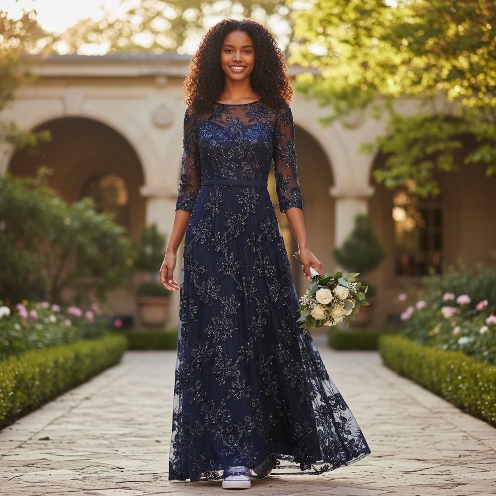 Alex Evenings Navy Blue Sequin Embroidered Gown Dress 1121933 Mens 4